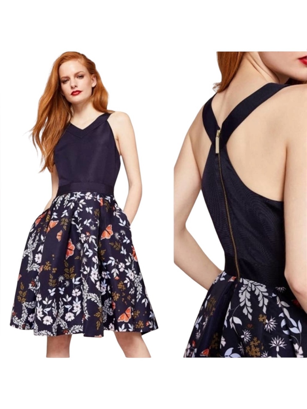 Ted Baker London Bethah Kyoto Print Full Skirt Dress Navy Blue size 4 US 10